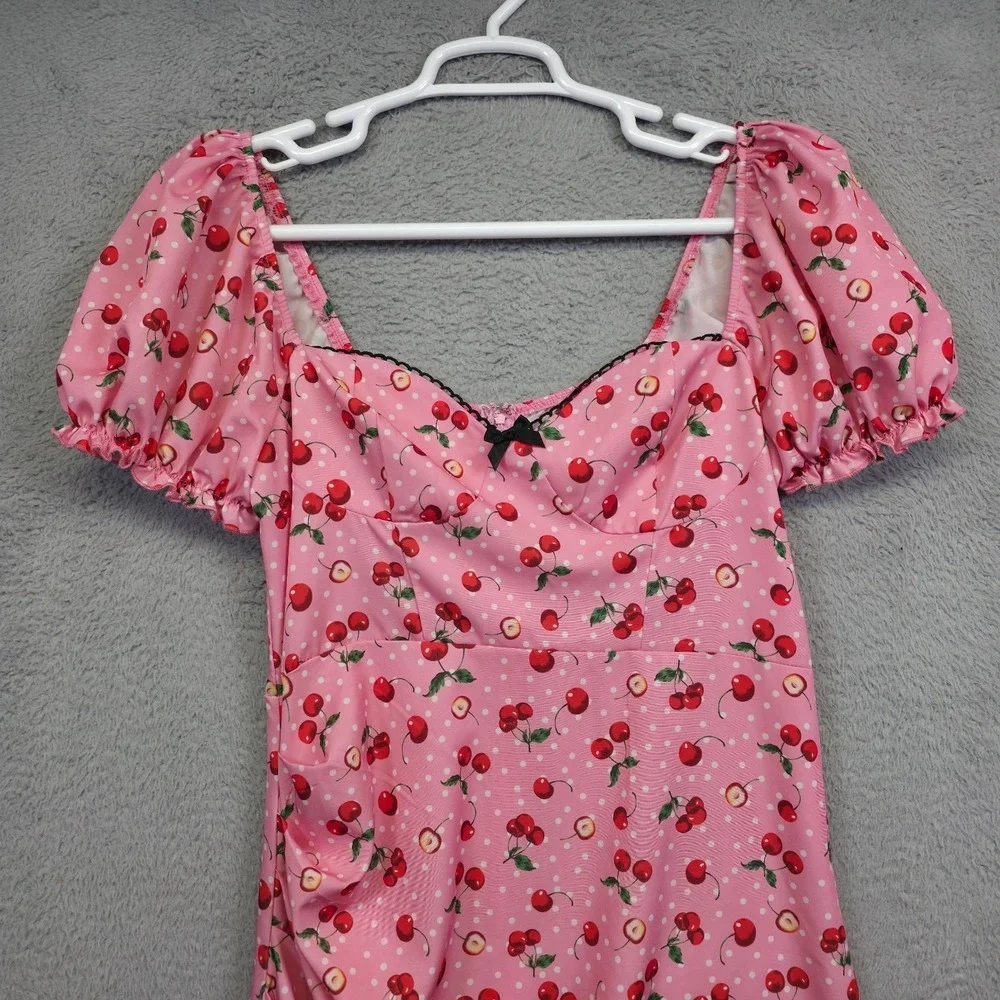 Womens Babydoll Pinup Dress L Pink Puff Sleeve Cherry Draped Coquette Mini‎